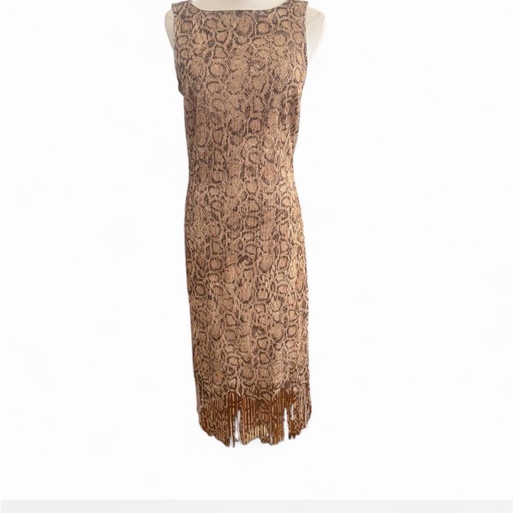 Sleeveless Brown Snake-Print Fringe Midi Dress